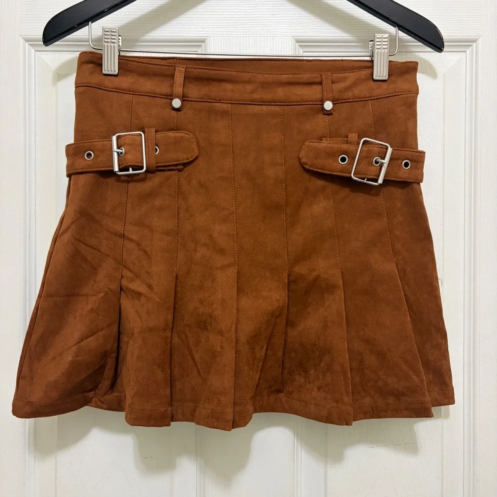 NEW Jacquie the Label Mini Skirt Faux Suede Brown Pleated Buckle Western Cowgirl